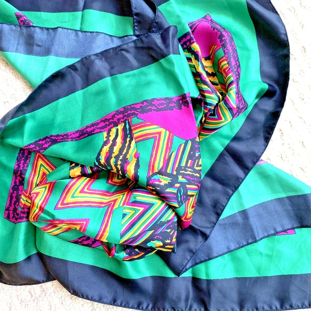 Colorful Silky Scarf Abstract Green Black Purple Yellow Print Large 34” Square